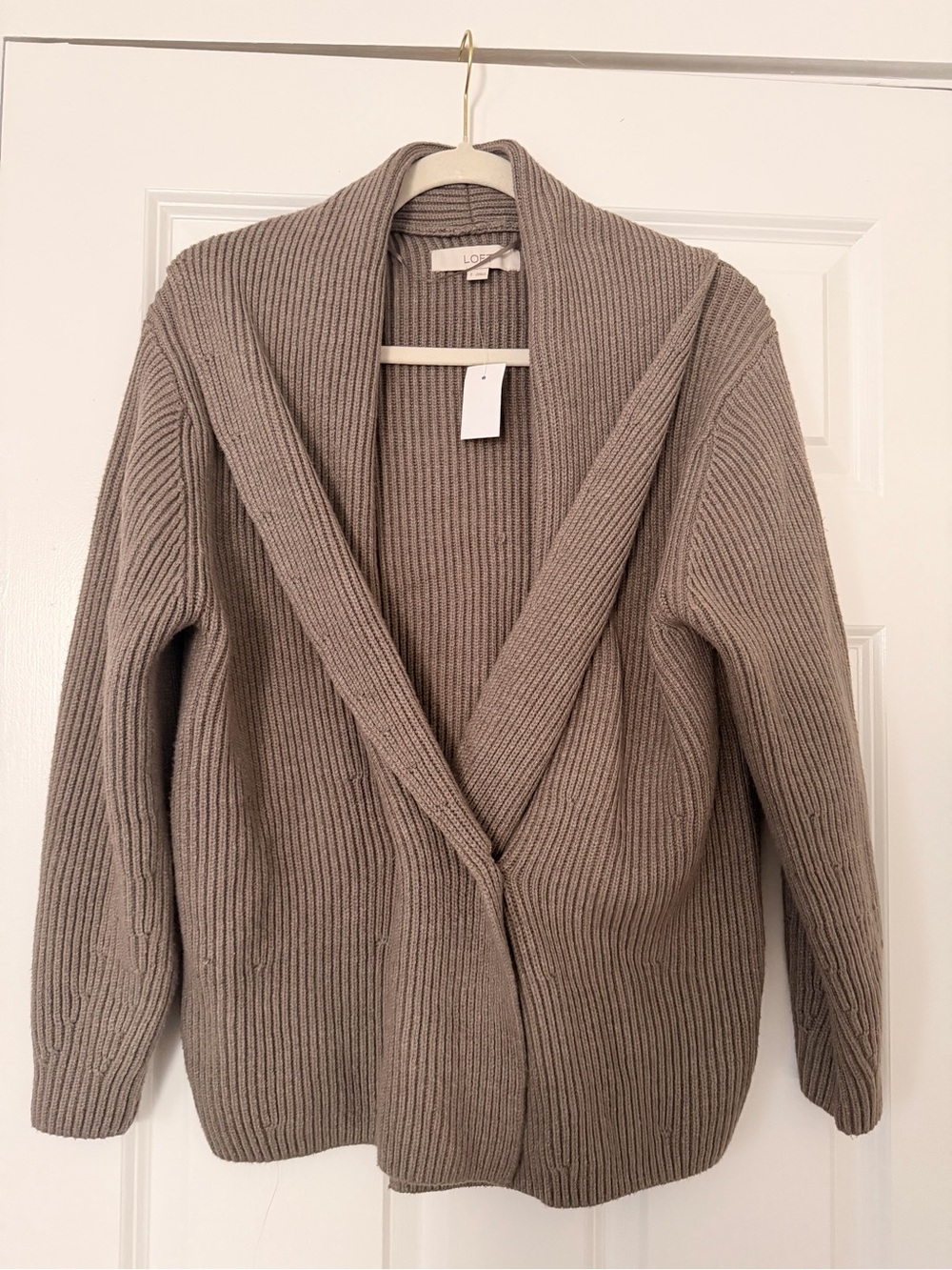 NWT LOFT Taupe Ribbed Shawl Collar Button-Up Cardigan